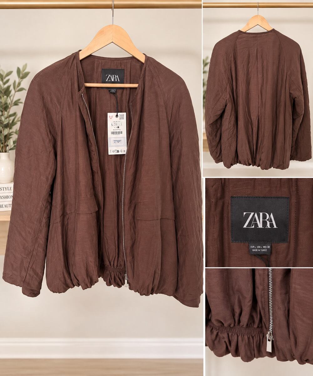 ZARA Brown Lightweight Textured Bomber Jacket Size Large NWT